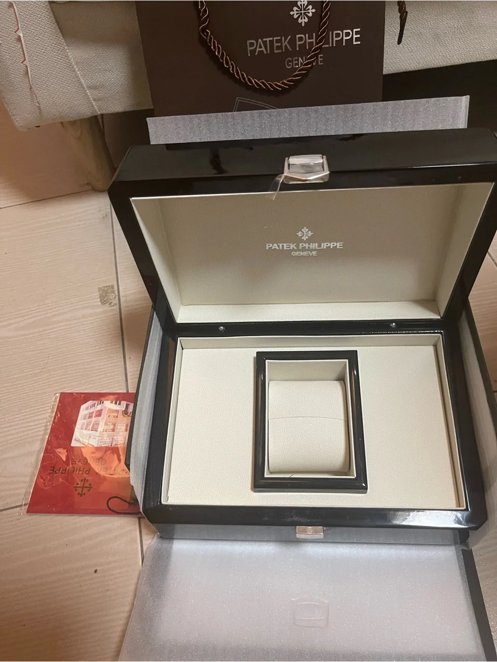 Patek Philippe Black Lacquer Watch Presentation Box with Silver Emblem